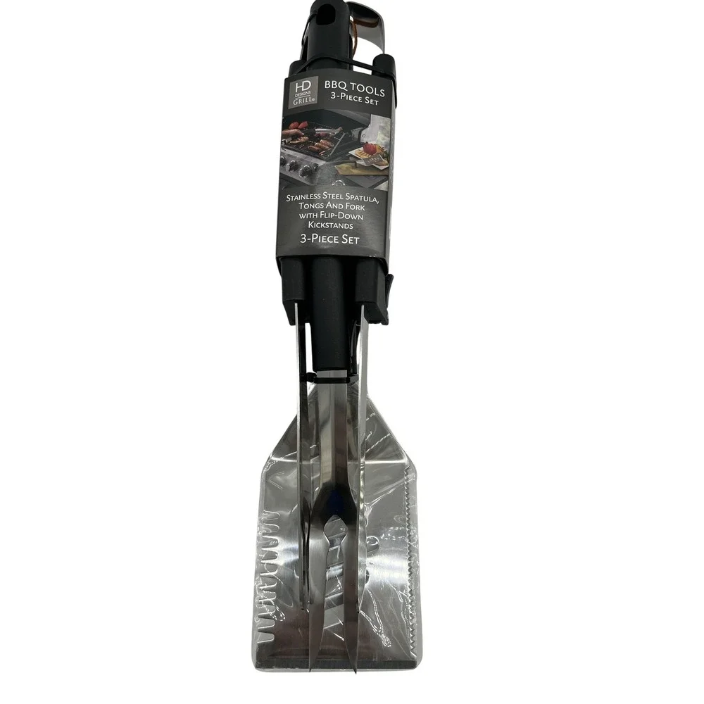 HD Designs Grill BBQ Tools 3-Piece Set Stainless Steel Spatula Fork Tongs‎ Kit